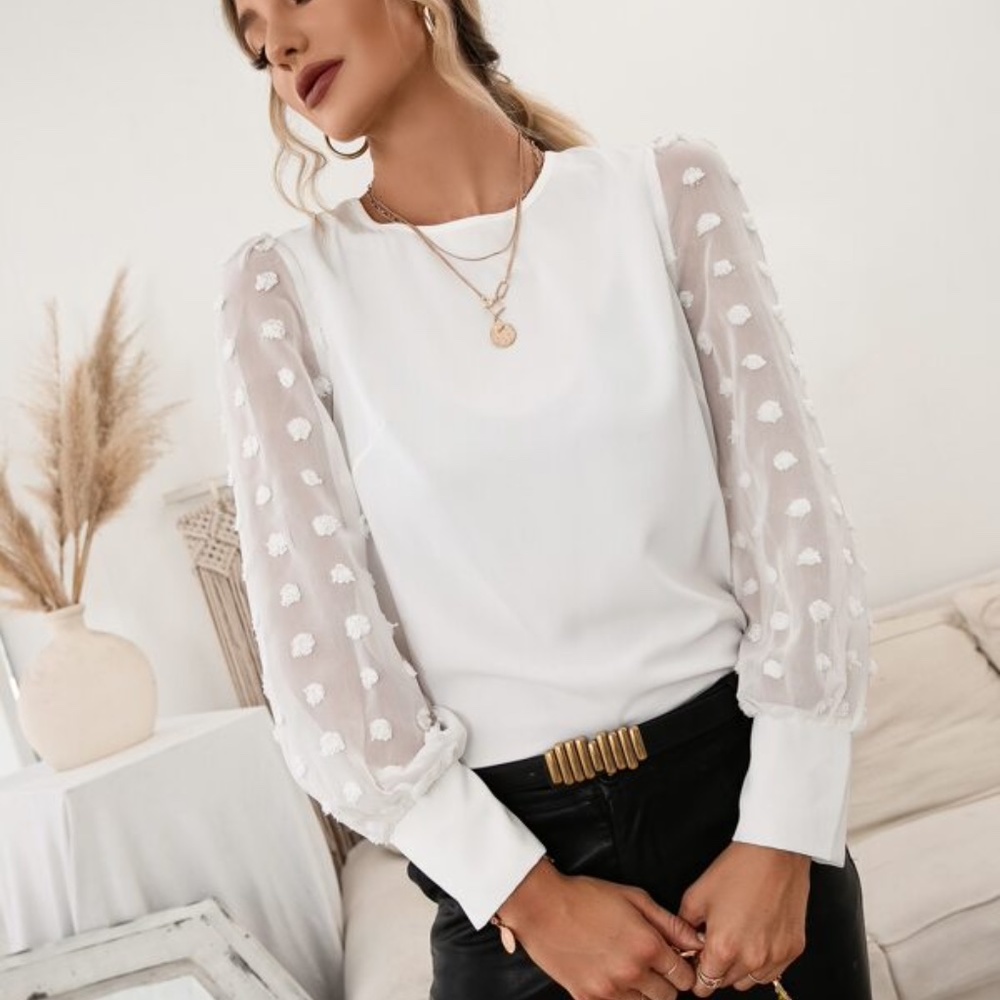 Black Swiss Dot Sheer Sleeve Chic Blouse Work Minimalist - Picture 7 of 7